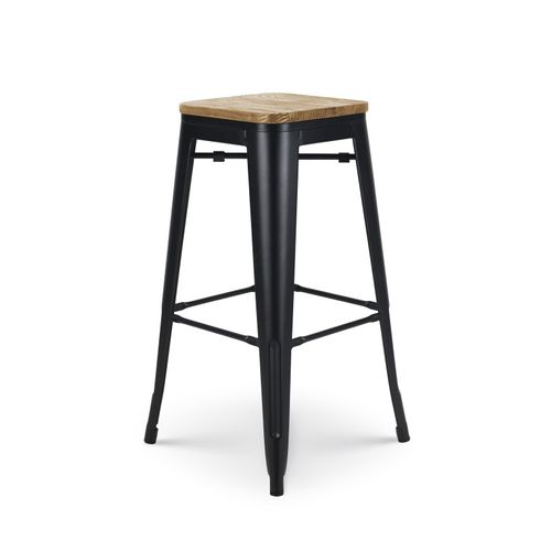 Tabouret De Bar En Métal Noir Mat Style Industriel Et Assise En Bois Clair - Hauteur 76 Cm