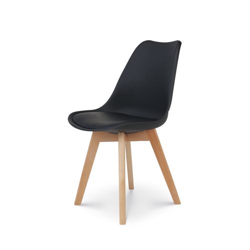 Chaise Style Scandinave Victoire - Coque En Résine Noire Rembourrée Et Pieds En Bois Naturel