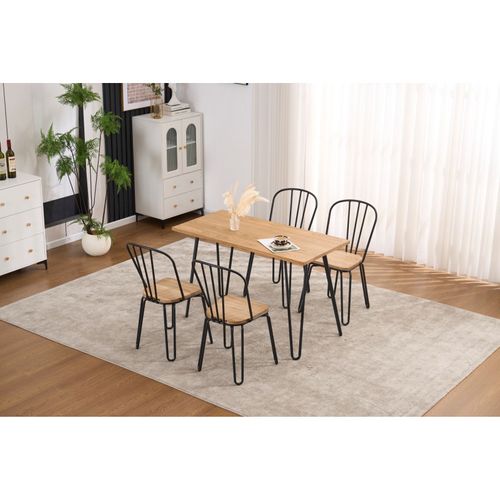 Lot De 4 Chaises En Métal Noir Mat Style Industriel Et Assise En Bois Clair – Pieds En Épingle