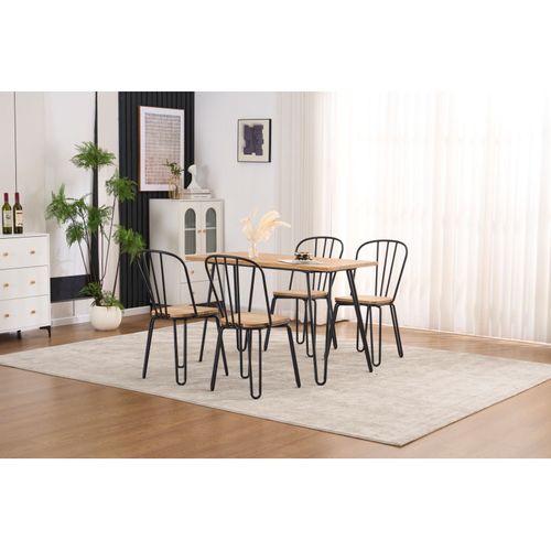Lot De 4 Chaises En Métal Noir Mat Style Industriel Et Assise En Bois Clair – Pieds En Épingle
