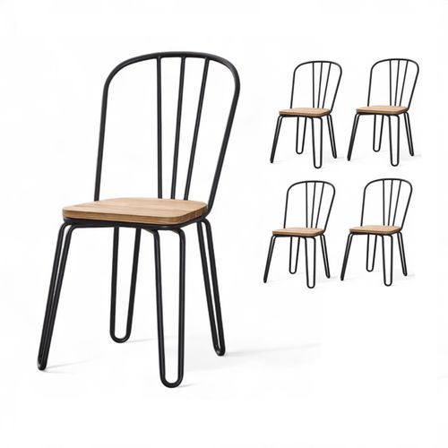 Lot De 4 Chaises En Métal Noir Mat Style Industriel Et Assise En Bois Clair – Pieds En Épingle