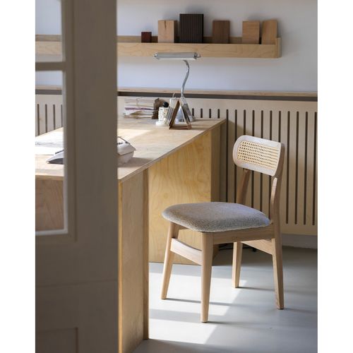 Chaise En Bois Massif, Dossier En Cannage Et Assise En Tissu Chiné Gris