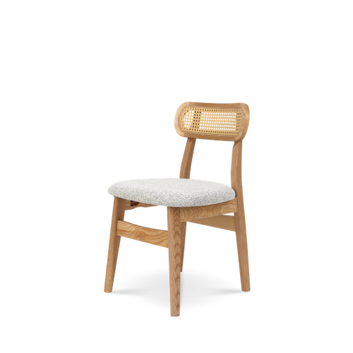 Chaise En Bois Massif, Dossier En Cannage Et Assise En Tissu Chiné Gris