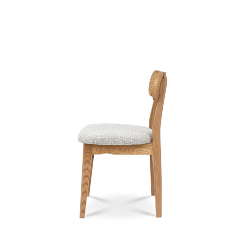 Chaise En Bois Massif, Dossier En Cannage Et Assise En Tissu Chiné Gris