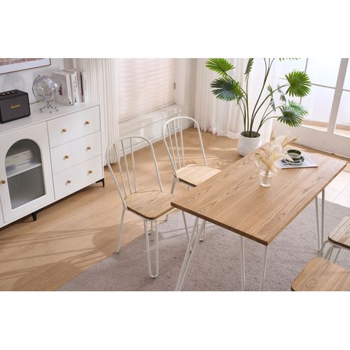 Lot De 4 Chaises En Métal Blanc Mat Style Industriel Et Assise En Bois Clair – Pieds En Épingle