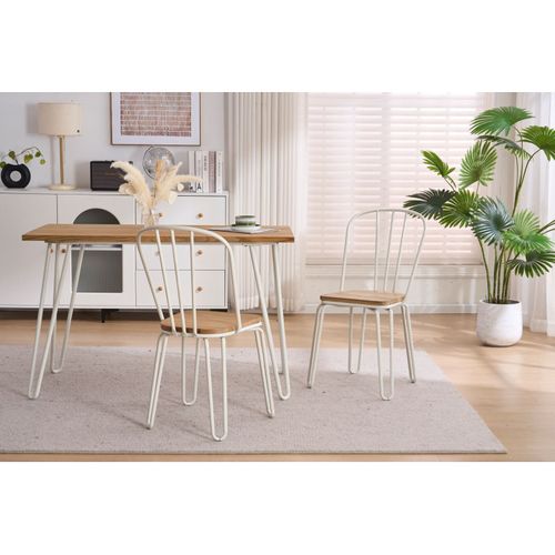 Lot De 4 Chaises En Métal Blanc Mat Style Industriel Et Assise En Bois Clair – Pieds En Épingle