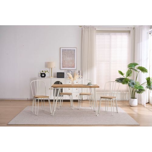 Chaise En Métal Blanc Mat Style Industriel Et Assise En Bois Clair – Pieds En Épingle