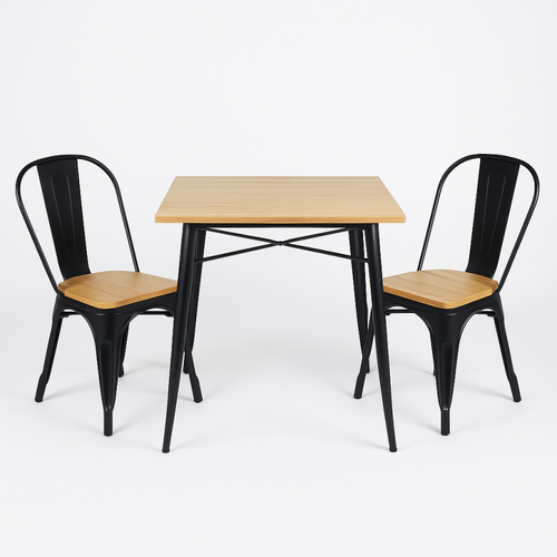 Ensemble Table Et Chaises Style Industriel, Métal Noir Mat Et Bois Naturel Clair, 60x60cm - Design