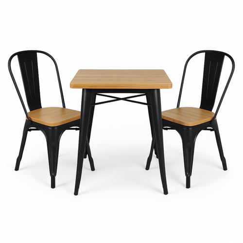 Ensemble Table Et Chaises Style Industriel, Métal Noir Mat Et Bois Naturel Clair, 60x60cm - Design