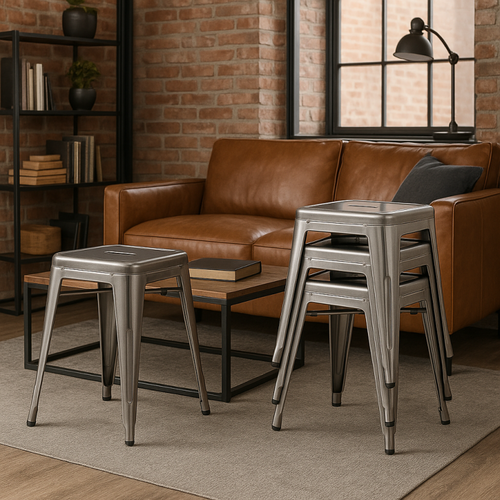 Lot De 4 Tabourets Bas Industriels Métal Brut - Hauteur 46 Cm