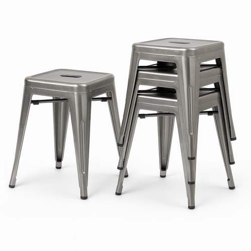 Lot De 4 Tabourets Bas Industriels Métal Brut - Hauteur 46 Cm