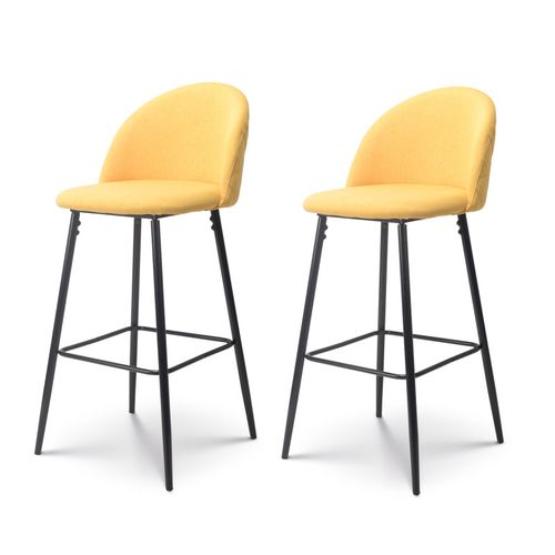 Lot De 2 Chaises De Bar Design Moderne Avec Dossier – Tabouret Haut En Tissu Jaune Et Pieds Métal N