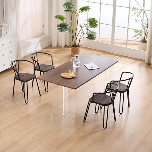 Lot De 4 Chaises En Métal Noir Mat, Bois Foncé – Pieds Épingle Et Dossier Ajouré - Style Industriel