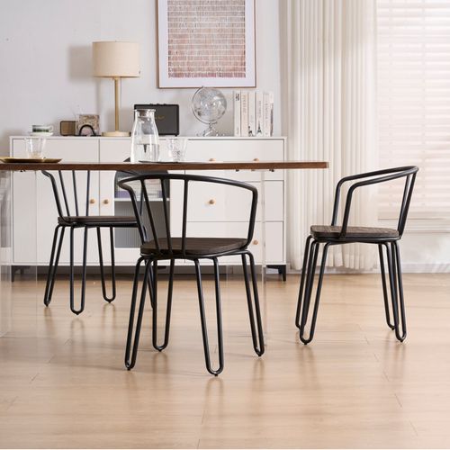 Chaise En Métal Noir Mat, Bois Foncé – Pieds Épingle Et Dossier Ajouré - Style Industriel