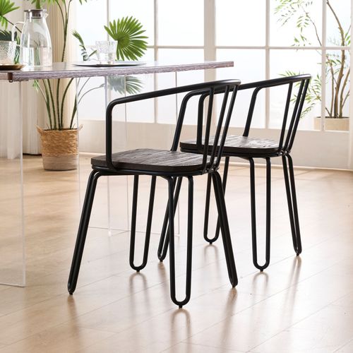 Chaise En Métal Noir Mat, Bois Foncé – Pieds Épingle Et Dossier Ajouré - Style Industriel