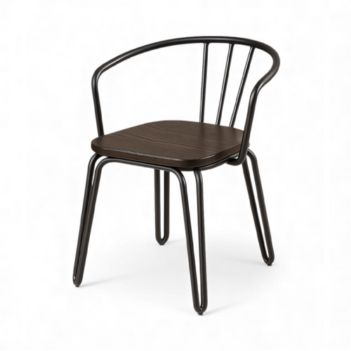 Chaise En Métal Noir Mat, Bois Foncé – Pieds Épingle Et Dossier Ajouré - Style Industriel