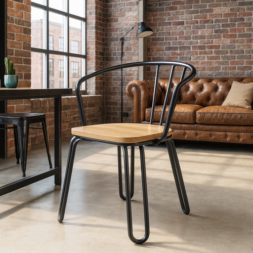 Chaise En Métal Noir Mat, Bois Clair – Pieds Épingle Et Dossier Ajouré - Style Industriel