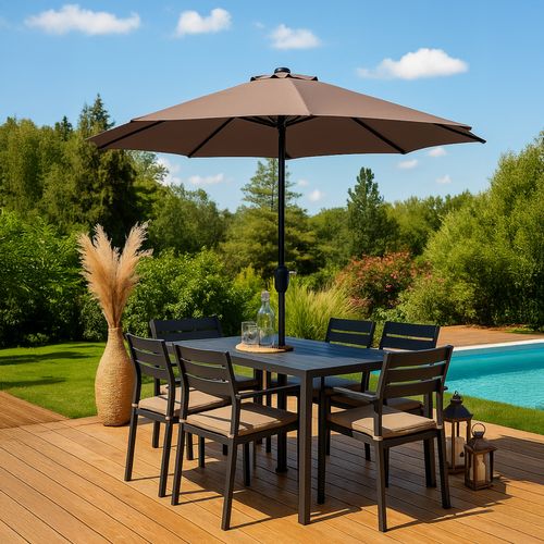 Manarola - Parasol Circulaire 3m Droit Avec LED Marron En Aluminium