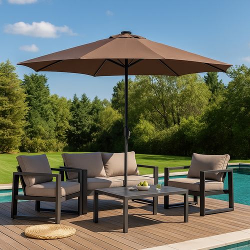 Manarola - Parasol Circulaire 3m Droit Avec LED Marron En Aluminium