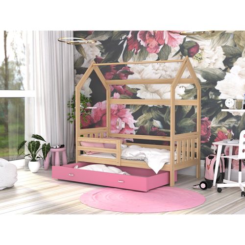 Lit Cabane 2 80x160 Pin - Rose Livré Avec Sommiers, Tiroir Et Matelas En Mousse De 7cm