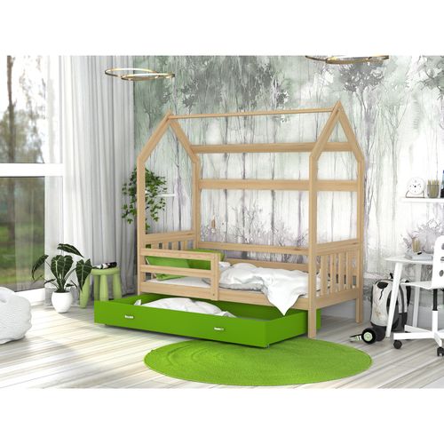 Lit Cabane 2  80x160 Pin - Vert Livré Avec Sommiers, Tiroir Et Matelas En Mousse De 7cm