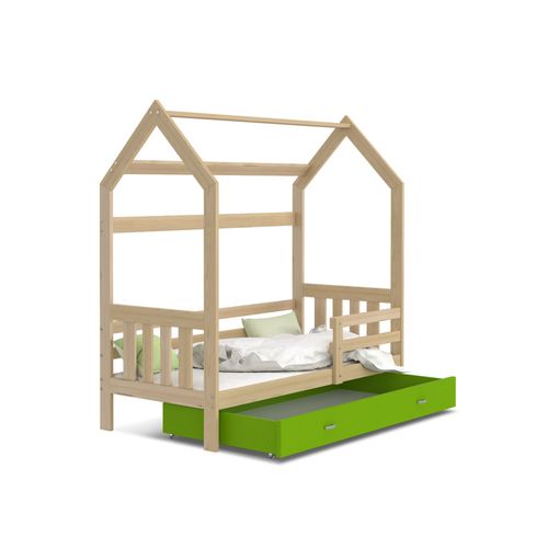 Lit Cabane 2  80x160 Pin - Vert Livré Avec Sommiers, Tiroir Et Matelas En Mousse De 7cm