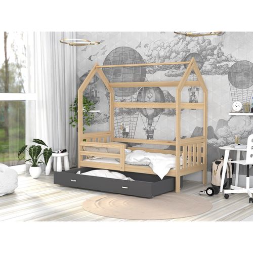 Lit Cabane 2  80x160 Pin - Gris Livré Avec Sommiers, Tiroir Et Matelas En Mousse De 7cm