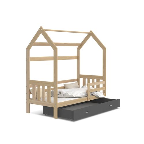 Lit Cabane 2  80x160 Pin - Gris Livré Avec Sommiers, Tiroir Et Matelas En Mousse De 7cm