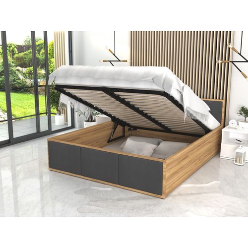 Lit Coffre Panama T 160x200 - Sommier Inclus Chêne - Gris Foncé