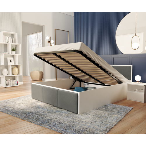 Lit Coffre Panama T 140x200 - Sommier Inclus Blanc - Gris Foncé