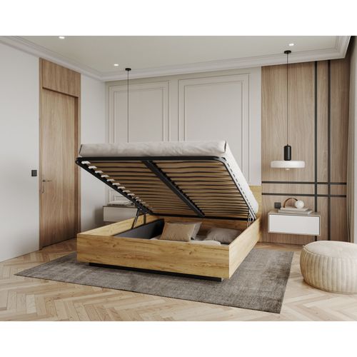 Lit Coffre Lima 140 X 190 Cm Avec Sommier à Lattes Relevable Chêne
