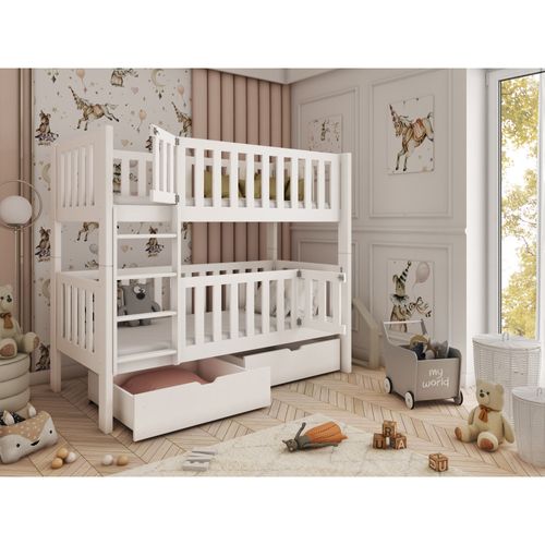 Lit Superposé Caly 80x180 - Bois Massif - 2 Tiroirs Blanc