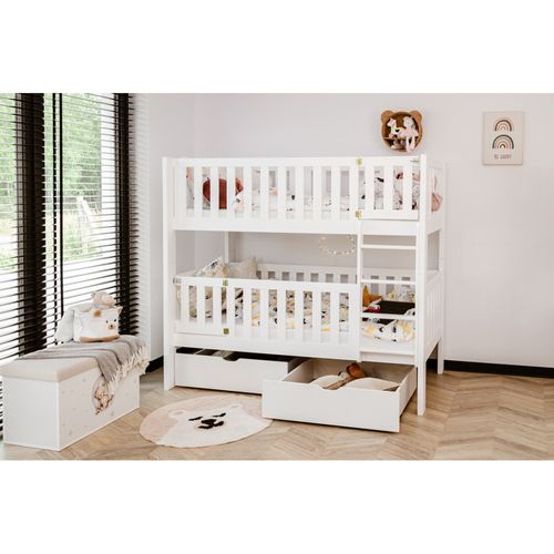 Lit Superposé Caly 80x180 - Bois Massif - 2 Tiroirs Blanc