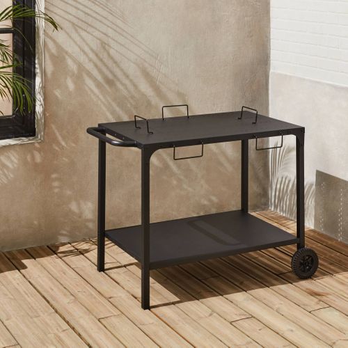 Desserte Extérieure Noire En Acier Modulable Pour Plancha Avec Deux Roues