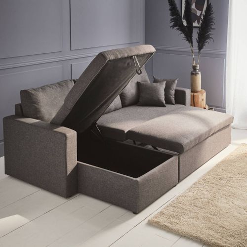 Canapé D'angle Convertible En Tissu Gris Chiné Foncé Ida - 3 Places - Fauteuil D'angle Réversible
