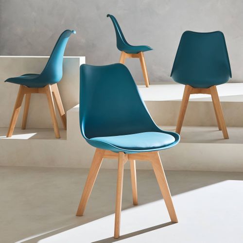 Lot De 4 Chaises Scandinaves. Pieds Bois De Hêtre. Chaises 1 Place. Bleu Canard