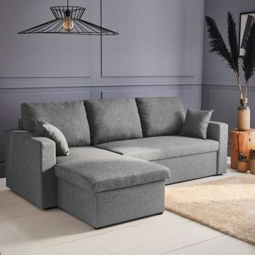 Canapé D'angle Convertible En Tissu Gris Clair - Ida - 3 Places. Fauteuil D'angle Réversible Coffre