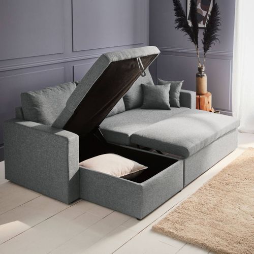 Canapé D'angle Convertible En Tissu Gris Clair - Ida - 3 Places. Fauteuil D'angle Réversible Coffre
