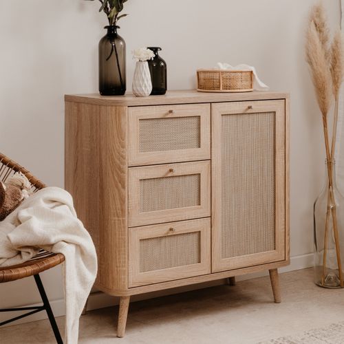 Petit Buffet Cannage Et Effet Bois Naturel 81 Cm - Padang