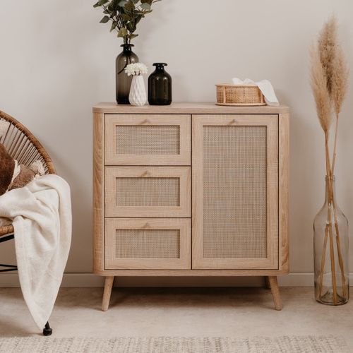 Petit Buffet Cannage Et Effet Bois Naturel 81 Cm - Padang