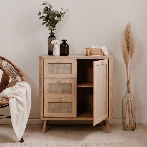 Petit Buffet Cannage Et Effet Bois Naturel 81 Cm - Padang