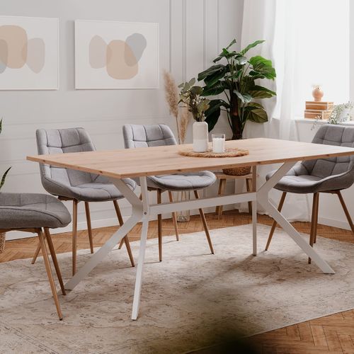 Table à Manger Effet Chêne Clair, Piètement Blanc 180 Cm - Velia