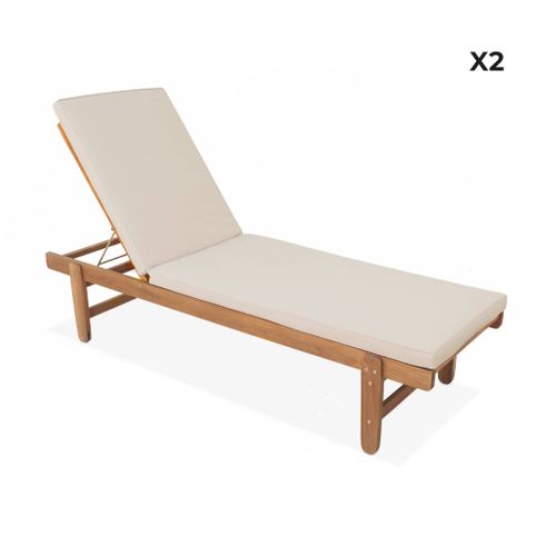 Set De 2 Bains De Soleil En Acacia – Arequipa – Transats Avec Coussins Beige Et Roulettes. Multi