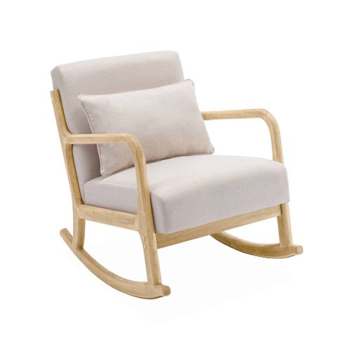 Fauteuil à Bascule Design En Bois Et Tissu. 1 Place. Rocking Chair Scandinave. Beige