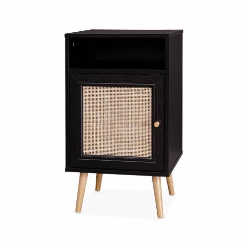Table De Chevet En Cannage - Bohème - 40x39x65.8cm. Noir - 2 Niveaux - 1 Porte