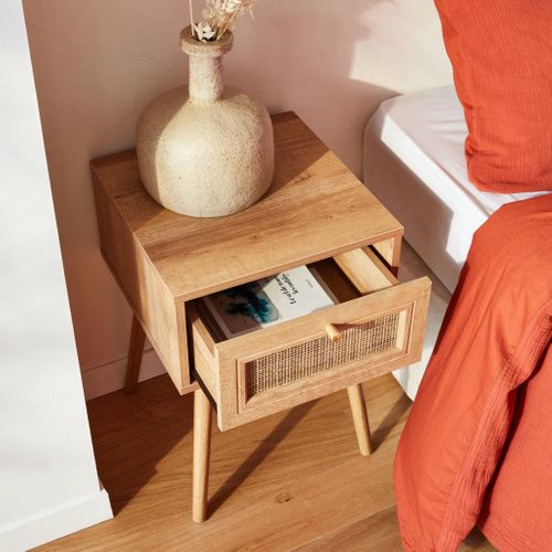 Table De Chevet Décor Bois et Cannage Avec 1 Tiroir - Bohème