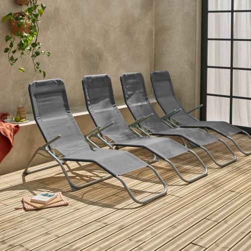 Lot De 4 Bains De Soleil Pliants - Levito Anthracite - Transats Textilène 2 Positions. Chaises