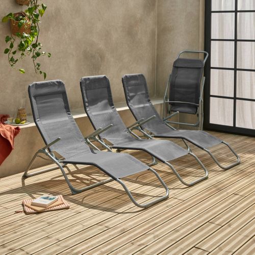 Lot De 4 Bains De Soleil Pliants - Levito Anthracite - Transats Textilène 2 Positions. Chaises