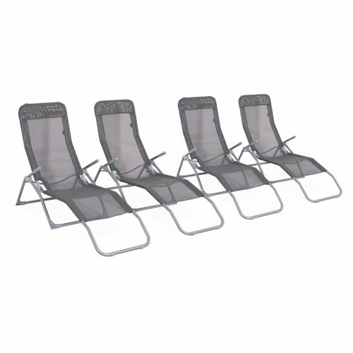 Lot De 4 Bains De Soleil Pliants - Levito Anthracite - Transats Textilène 2 Positions. Chaises