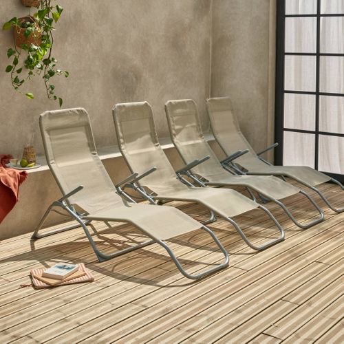 Lot De 4 Bains De Soleil Pliants - Levito Taupe - Transats Textilène 2 Positions. Chaises Longues